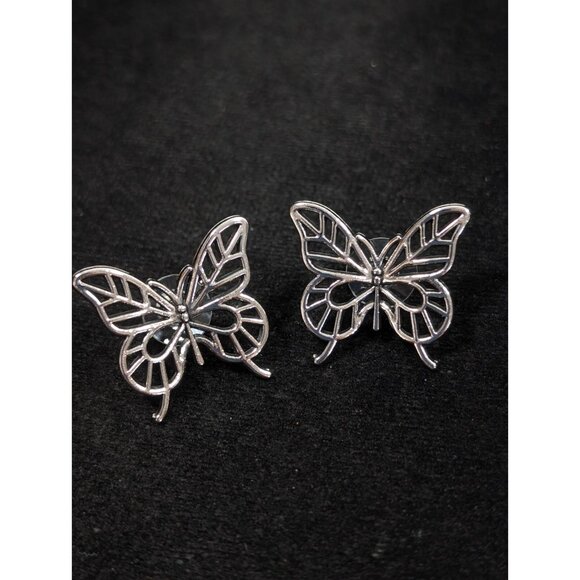 Silver Tone Open metal Work Butterfly Pierced Earrings Boho Western Retro - Picture 9 of 9